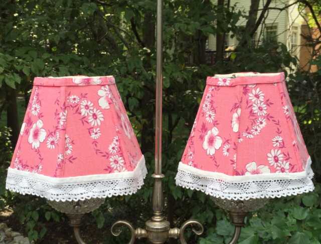Vintage Feedsack Lampshade Handmade Pink Floral Lace Boudoir Shade, Play Haus - image 1