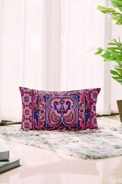 12x20 Embroidered Hmong Pillow Cover, Pink Bird Design, Boho Cushion - Cs10-3Pin - image 1