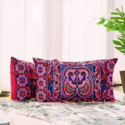 12x20 Embroidered Hmong Pillow Cover, Pink Bird Design, Boho Cushion - Cs10-3Pin - thumbnail 2