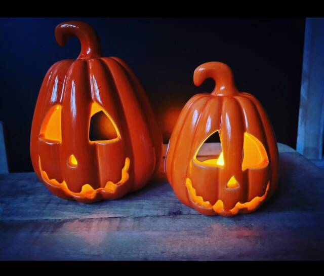 Carved Ceramic Pumpkin Lantern Spooky Halloween Decor - image 1