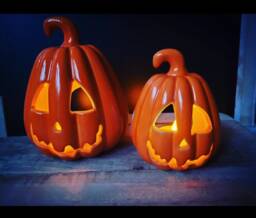 Carved Ceramic Pumpkin Lantern Spooky Halloween Decor - thumbnail 1
