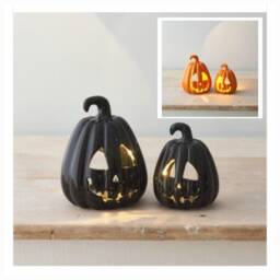 Carved Ceramic Pumpkin Lantern Spooky Halloween Decor - thumbnail 3