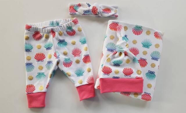 Seashells Swaddle Blanket & Newborn Hat. Leggings. Girl Coming Home Set. Photo Prop. Baby Shower Gift - image 1