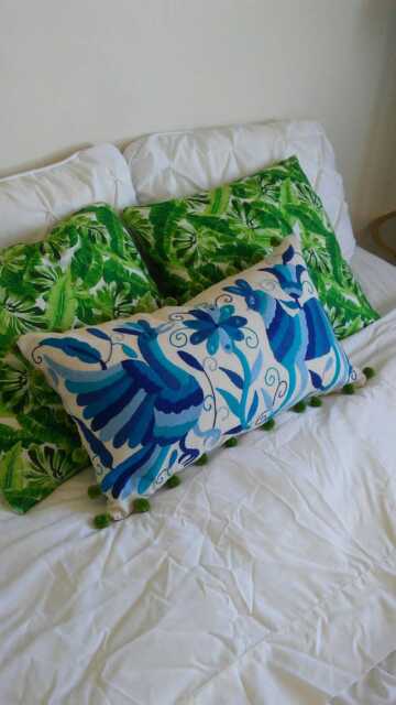 Unique Multi Blue & Green Otomi Pillow Sham - With Pompoms Special Order 12x14 - image 1