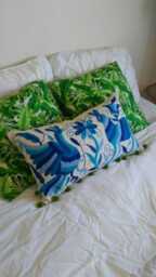 Unique Multi Blue & Green Otomi Pillow Sham - With Pompoms Special Order 12x14 - thumbnail 1