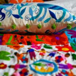 Unique Multi Blue & Green Otomi Pillow Sham - With Pompoms Special Order 12x14 - thumbnail 3
