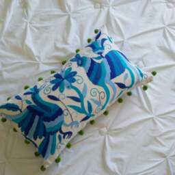Unique Multi Blue & Green Otomi Pillow Sham - With Pompoms Special Order 12x14 - thumbnail 2