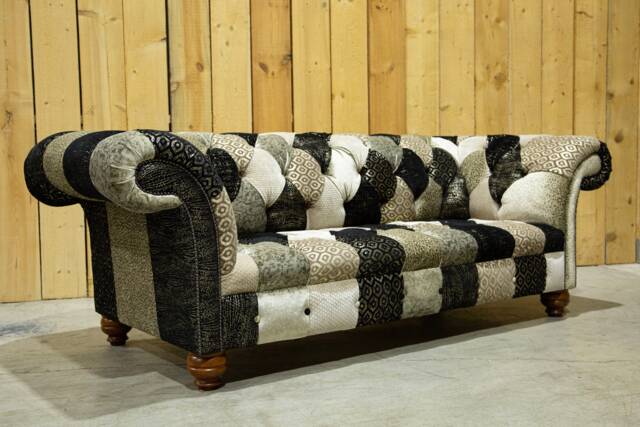 Unique British Handmade 3 Seater Black/Gold Velvet Fabric Patchwork Chesterfield Sofa - image 1