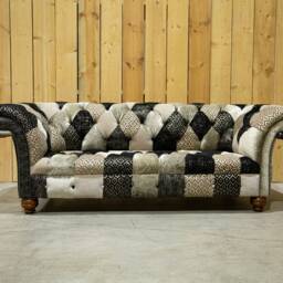 Unique British Handmade 3 Seater Black/Gold Velvet Fabric Patchwork Chesterfield Sofa - thumbnail 2