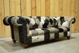 Unique British Handmade 3 Seater Black/Gold Velvet Fabric Patchwork Chesterfield Sofa - thumbnail 1
