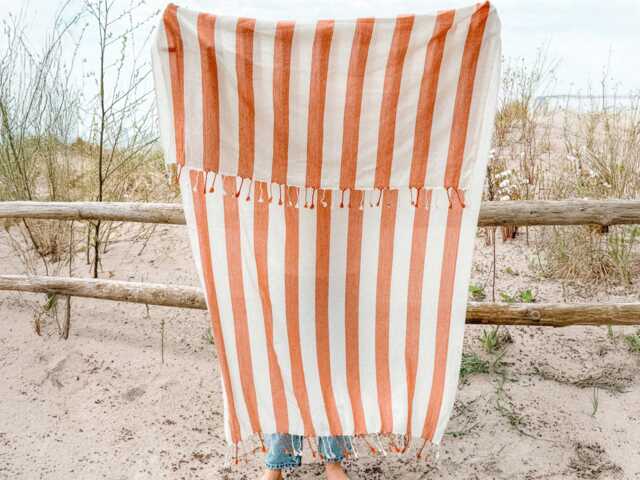 Orange Striped Turkish Cotton Beach Towel Quick Dry, Sand Free - image 1