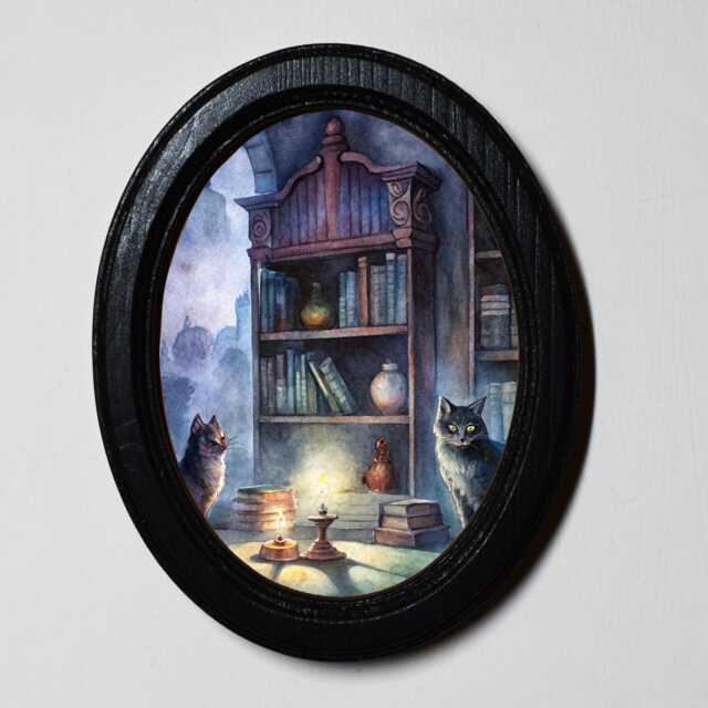 Halloween Black Oval Wooden Framed Picture, Gothic, Dark Academia, Cats in The Library, Wall Hanging, Table Top, 3x4, 4x6, 5x7 - image 1