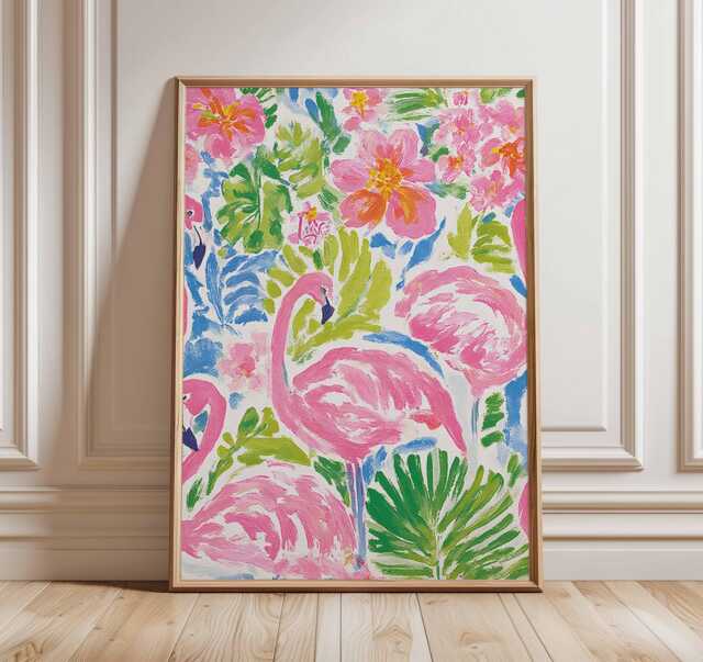 Pink Flamingo Wall Art Print, Tropical Floral Poster, Bright Summer Beach House Decor, Colorful Exotic Bird Illustration - image 1