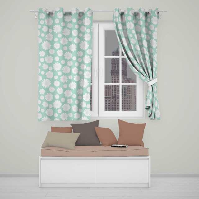 Teal Background White Daisy Floral Seamless Pattern Readymade Eyelet Ring Top Thermal 100% Blackout Curtains - image 1