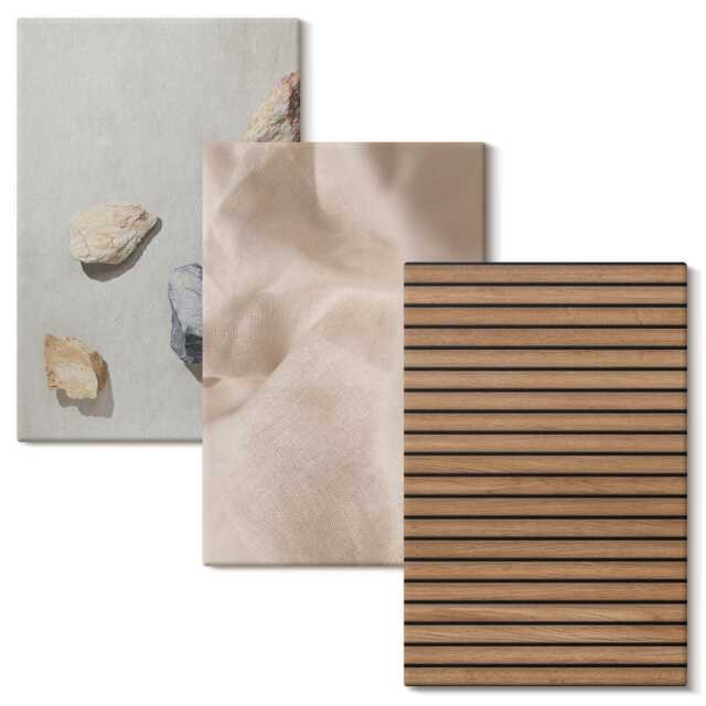 Canvas Wall Art Set Of 3 - Stones, Wood, Fabric, Various Textures, Brown Photo Print, Natural Textures Hanging Piece - image 1
