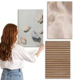 Canvas Wall Art Set Of 3 - Stones, Wood, Fabric, Various Textures, Brown Photo Print, Natural Textures Hanging Piece - thumbnail 2