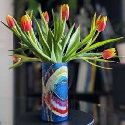 Vibrant Blue Vase - Artisan Hand-Painted Gift- Abstract Gold Outline Design Bold Home Decor 19cm Tall - thumbnail 2
