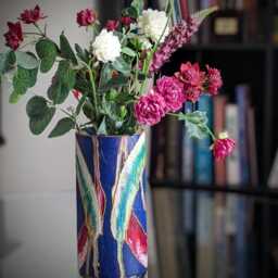 Vibrant Blue Vase - Artisan Hand-Painted Gift- Abstract Gold Outline Design Bold Home Decor 19cm Tall - thumbnail 3