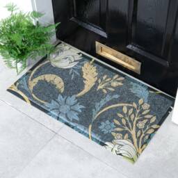 William Morris Blue Vintage Floral Outdoor Welcome Mat - Botanical Decor Antique Style Doormat Rustic Flower