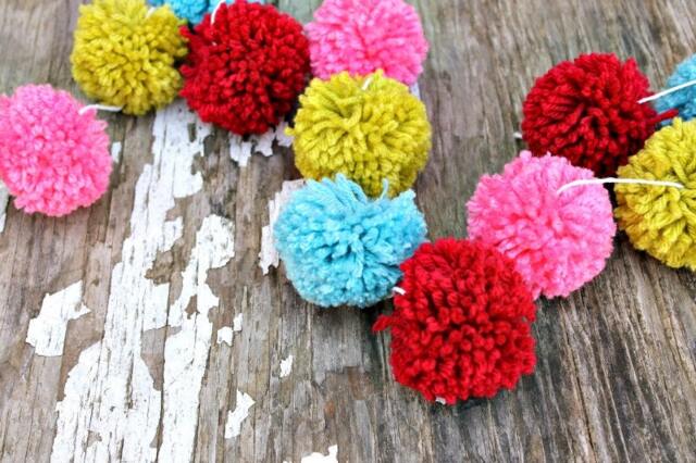 Yarn Pom Christmas Garland, Red, Turquoise, Pink, Green - image 1