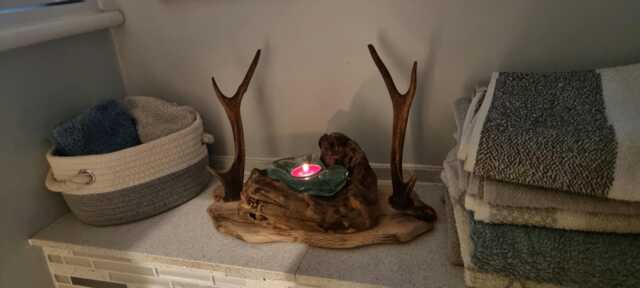 Oak & Real Sika Antler Centerpiece With Molten Glass On Wood Tea Light Holder - image 1