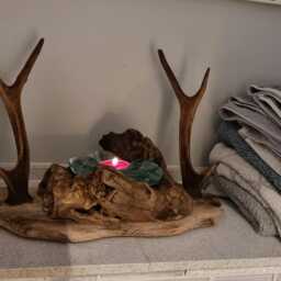 Oak & Real Sika Antler Centerpiece With Molten Glass On Wood Tea Light Holder - thumbnail 2