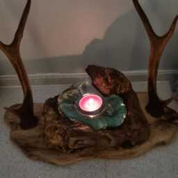 Oak & Real Sika Antler Centerpiece With Molten Glass On Wood Tea Light Holder - thumbnail 3