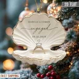 Personalized Beach Engagement Ornament, 2D Flat Shell Ring Box, Wedding 2025 Keepsake, Couple Gift Xmas, First Xmas Decor - thumbnail 3