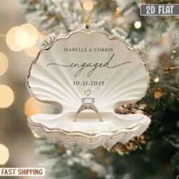 Personalized Beach Engagement Ornament, 2D Flat Shell Ring Box, Wedding 2025 Keepsake, Couple Gift Xmas, First Xmas Decor - thumbnail 1
