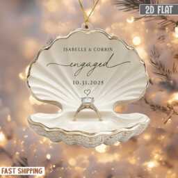 Personalized Beach Engagement Ornament, 2D Flat Shell Ring Box, Wedding 2025 Keepsake, Couple Gift Xmas, First Xmas Decor - thumbnail 2