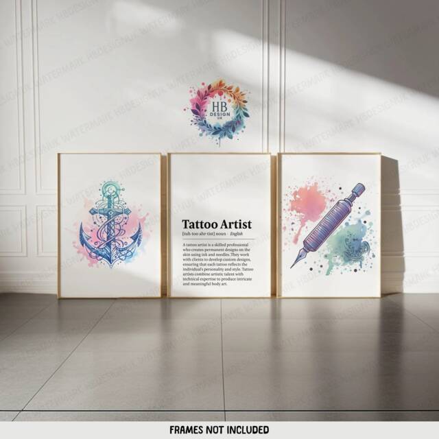 Tattoo Shop Print Set - 3 Artist Posters - Watercolour Wall Art Definition Quote Colourful Artwork Gifts - image 1