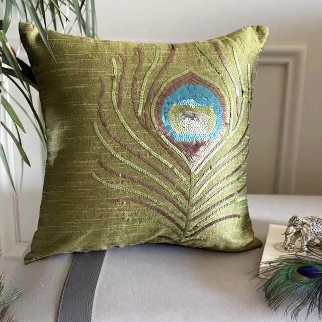 Sequin Embroidered Green Art Silk, 24x24/26x26 Deco Euro Sham - Peacock Feather - image 1
