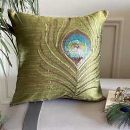 Sequin Embroidered Green Art Silk, 24x24/26x26 Deco Euro Sham - Peacock Feather