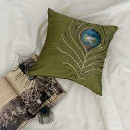Sequin Embroidered Green Art Silk, 24x24/26x26 Deco Euro Sham - Peacock Feather - thumbnail 3