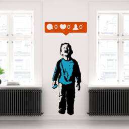 Artist Crying Boy Wall Sticker - Street Art Graffiti Social Media Decal Kid With Cellphone Hand Phone Laptop Mural Die Cut - thumbnail 1