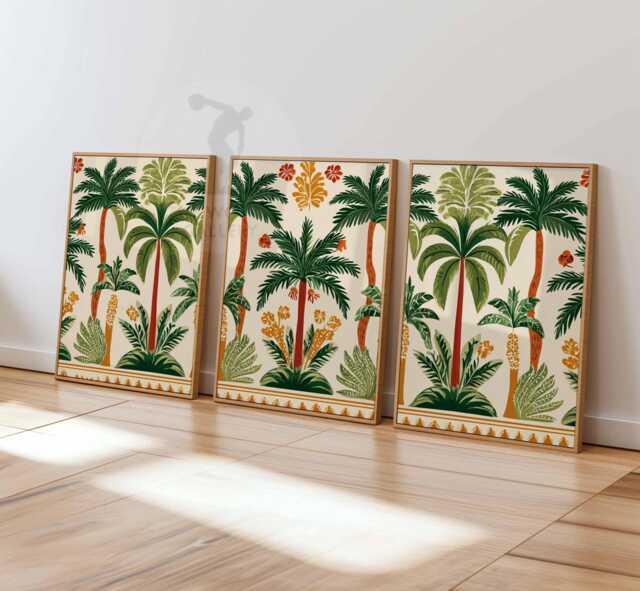 Palm Tree Set Of 3 Prints, Tropical Garden Poster Set, Moroccan Art, Arabic Architecture Print, Islamic Decor, Boho Wall Art - image 1