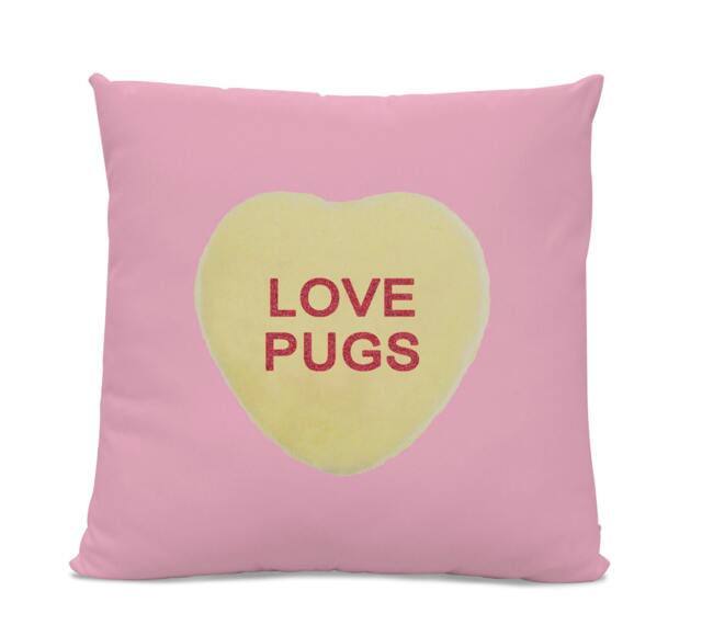 Valentine Pillow - Love Pugs Candy Heart Dog Pillow Home Decor Pug Throw Pink - image 1