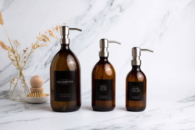 Amber Glass Soap Dispenser Refillable Bottle With Stainless Steel Pump - image 1