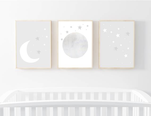 Nursery Prints Set Of 3 For Nursery Moon & Stars White Grey Gender Neutral Print - image 1