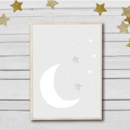 Nursery Prints Set Of 3 For Nursery Moon & Stars White Grey Gender Neutral Print - thumbnail 2