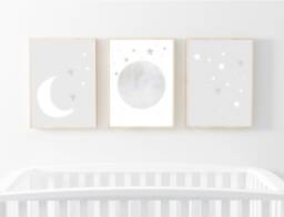 Nursery Prints Set Of 3 For Nursery Moon & Stars White Grey Gender Neutral Print - thumbnail 1