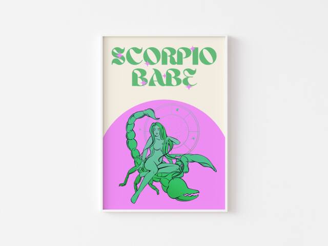 Scorpio Star Sign Print - Scorpio Babe, Zodiac Art, Colourful Astrology Poster, Retro Sign, Bright Bold Pastel, Y2K 90's, Funky Groovy - image 1