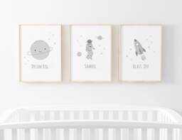 Personalised Space Prints - Set Of 3, Boys Bedroom Prints, Baby Boy Print, Nursery Playroom Decor, Planet, Kids, Gift - thumbnail 1