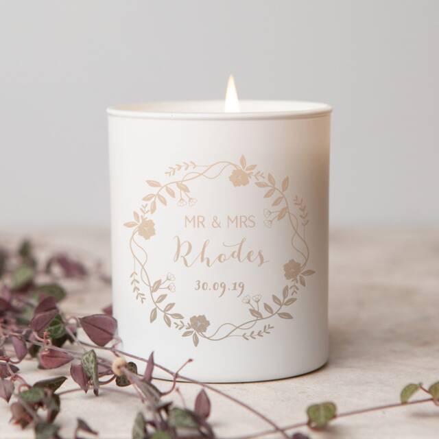Personalised Wedding Scented Candle Floral Wreath Design - image 1
