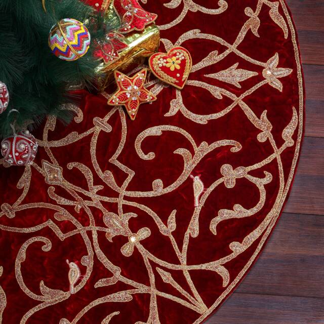 72 Inch Red Christmas Tree Skirt Extra Large Velvet Partridge Bird Tree Skirt Decorations Gift - image 1