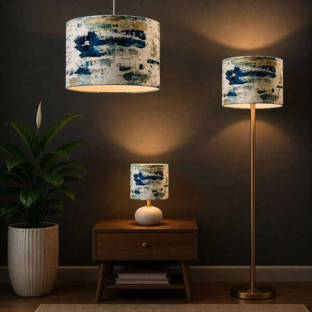 New Exclusive Handmade Abstract Teal Blue Marble Effect Velvet Drum Lamp Shade Pendant Light All Shapes Sizes Available - image 1