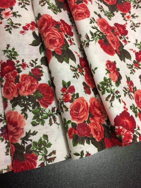 Linen Curtains Cafe Kitchen Valance Panels Red Roses Pattern Shabby Chic - image 1