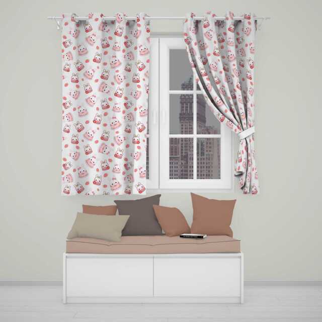 Cute Strawberry Bunny Cake Dessert Grey Background Seamless Pattern Readymade Eyelet Ring Top Thermal 100% Blackout Curtains - image 1