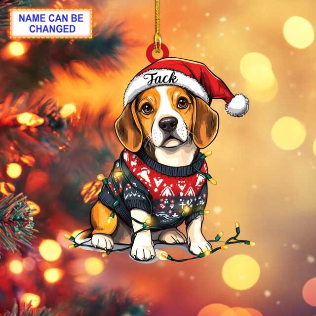 Custom Name Beagle Cute Dog With Santa Hat & Christmas Lights Ornament, Tree Hanging Decor, Flat 2D Ornament - image 1