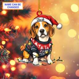 Custom Name Beagle Cute Dog With Santa Hat & Christmas Lights Ornament, Tree Hanging Decor, Flat 2D Ornament - thumbnail 1